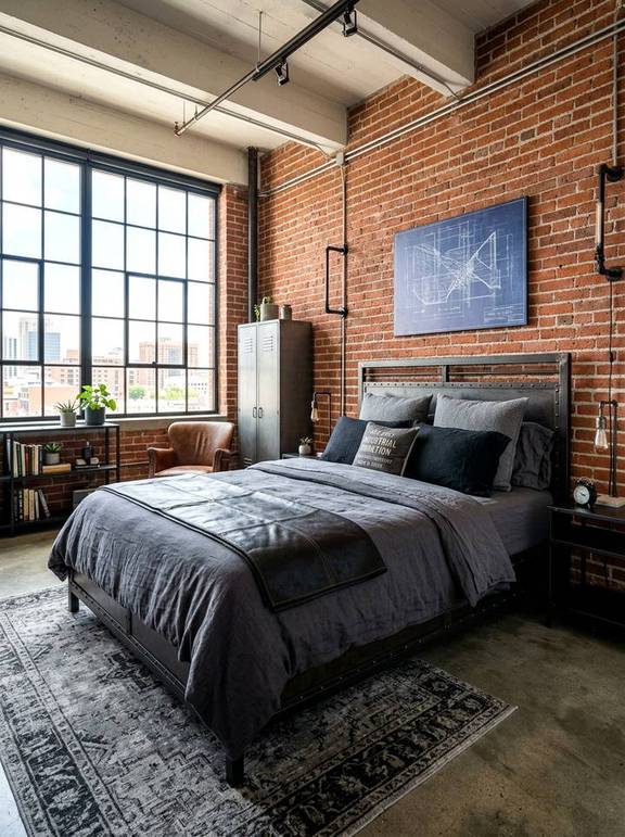 Industrial bedroom with brick wall, blueprint art, and metal locker storage.