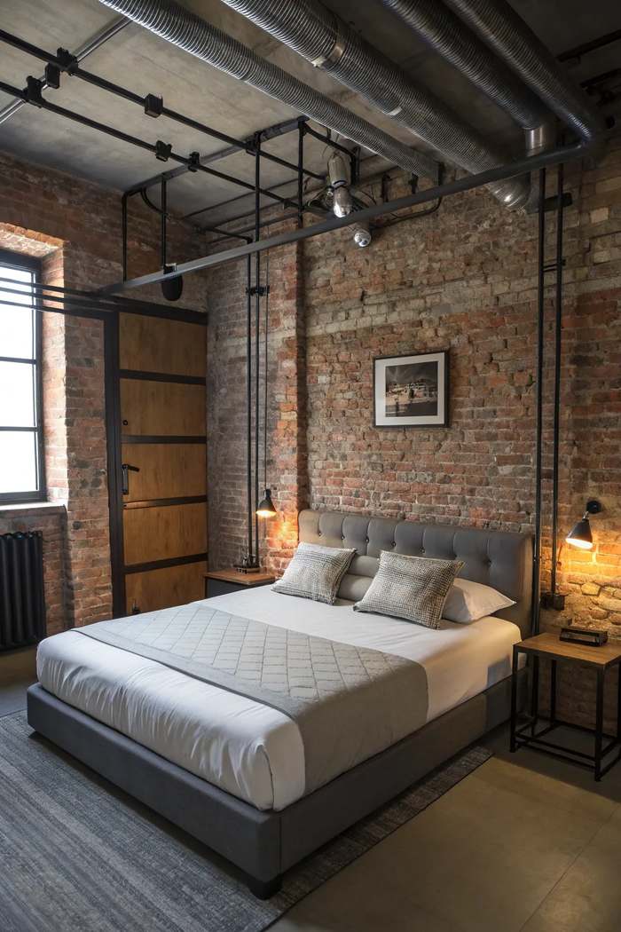 Industrial bedroom with brick wall, exposed duct ceiling, and tufted bed.