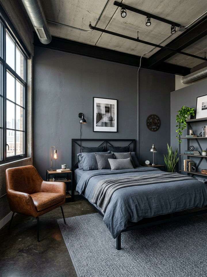 Industrial bedroom with charcoal walls, leather chair, and metal bed frame.