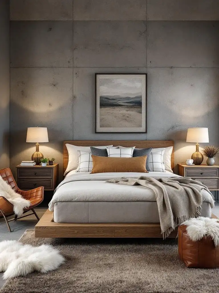 Industrial bedroom featuring a concrete accent wall, floating wooden bed, and minimalist metal lighting.