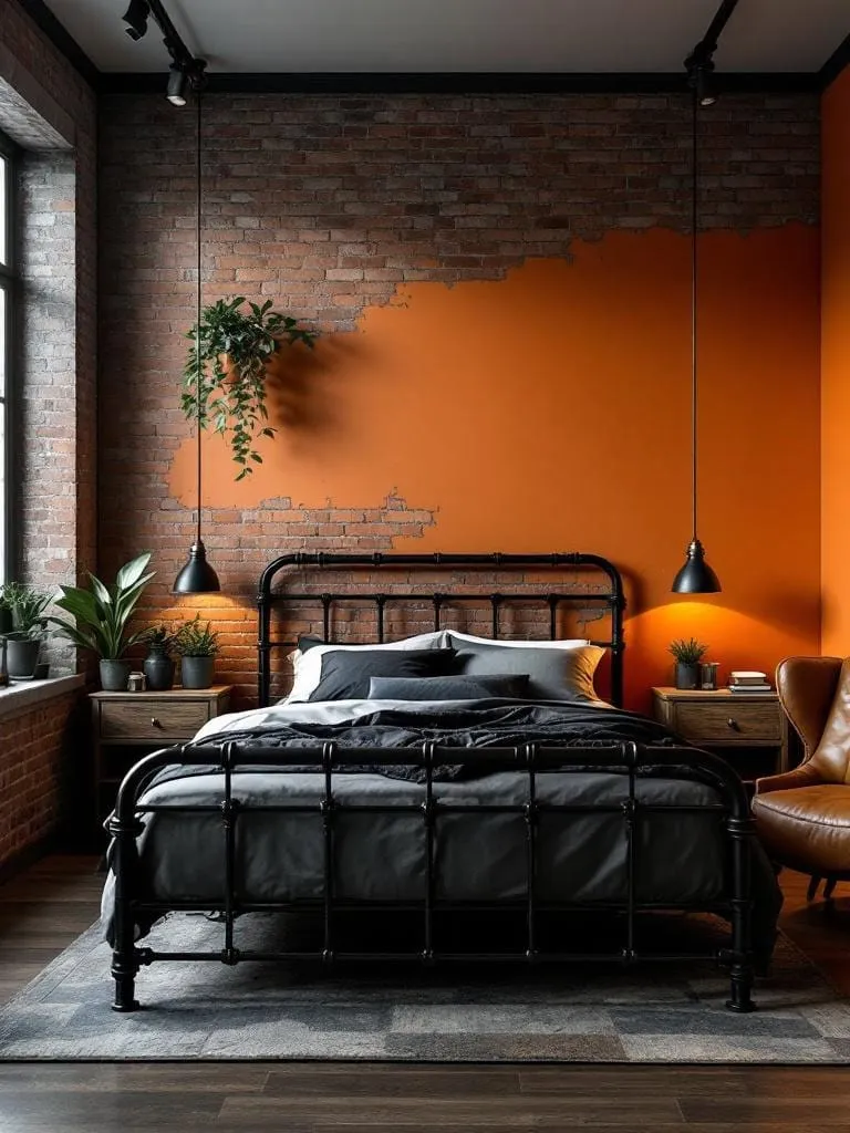 Industrial men’s bedroom showcasing exposed brick wall, orange accent wall, and rugged metal fixtures.