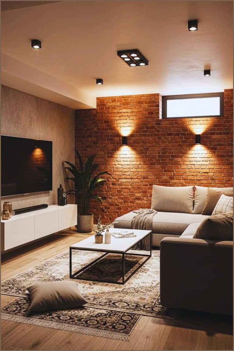 Industrial basement living room with exposed red brick and metal accents