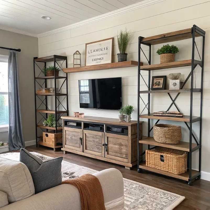 Living room media shelf of reclaimed wood and black metal, vintage TV, soft rug, ambient lighting.