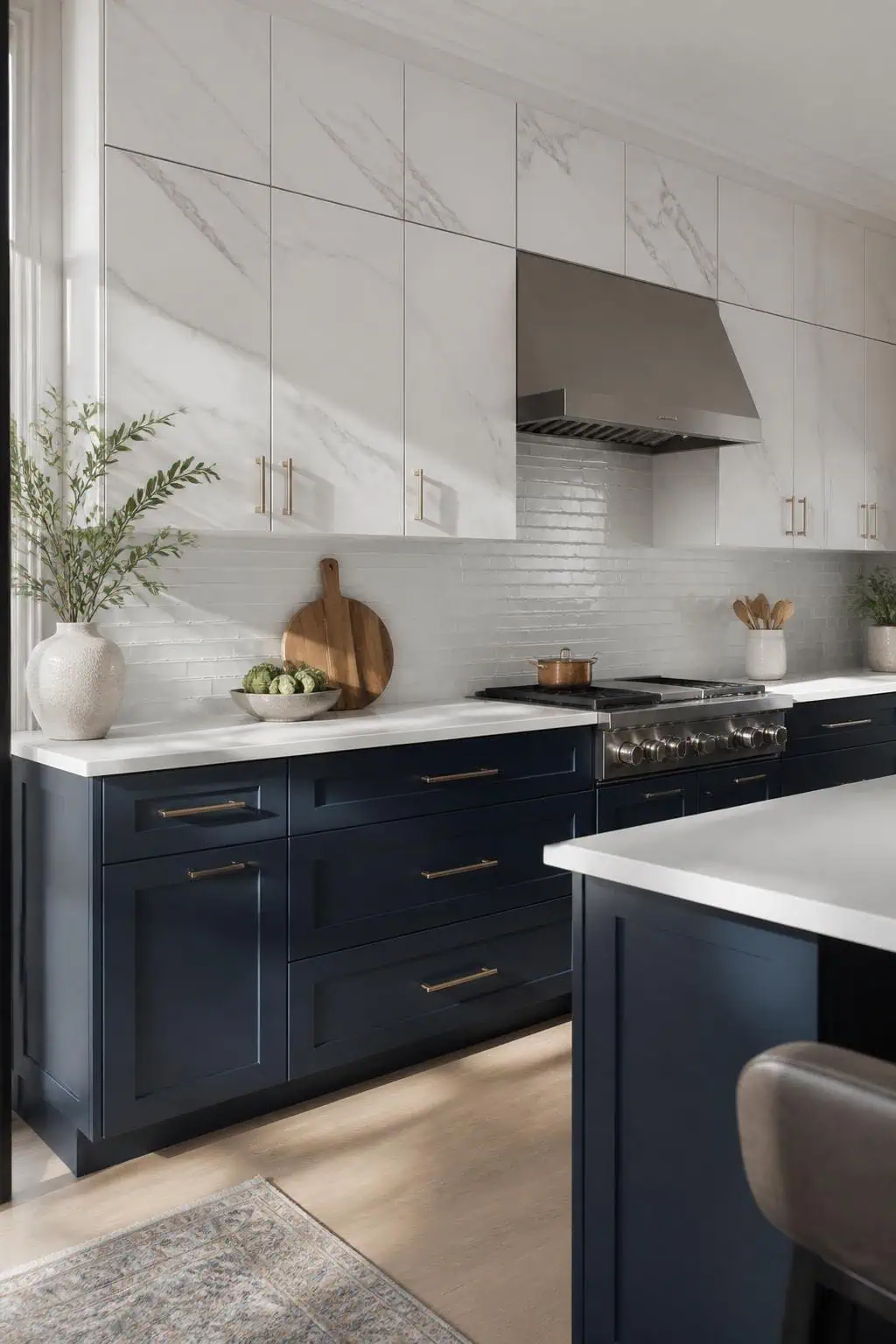 Kitchen design, inky blue lower cabinets, marble‑patterned white upper cabinets, brushed nickel hardware, natural light