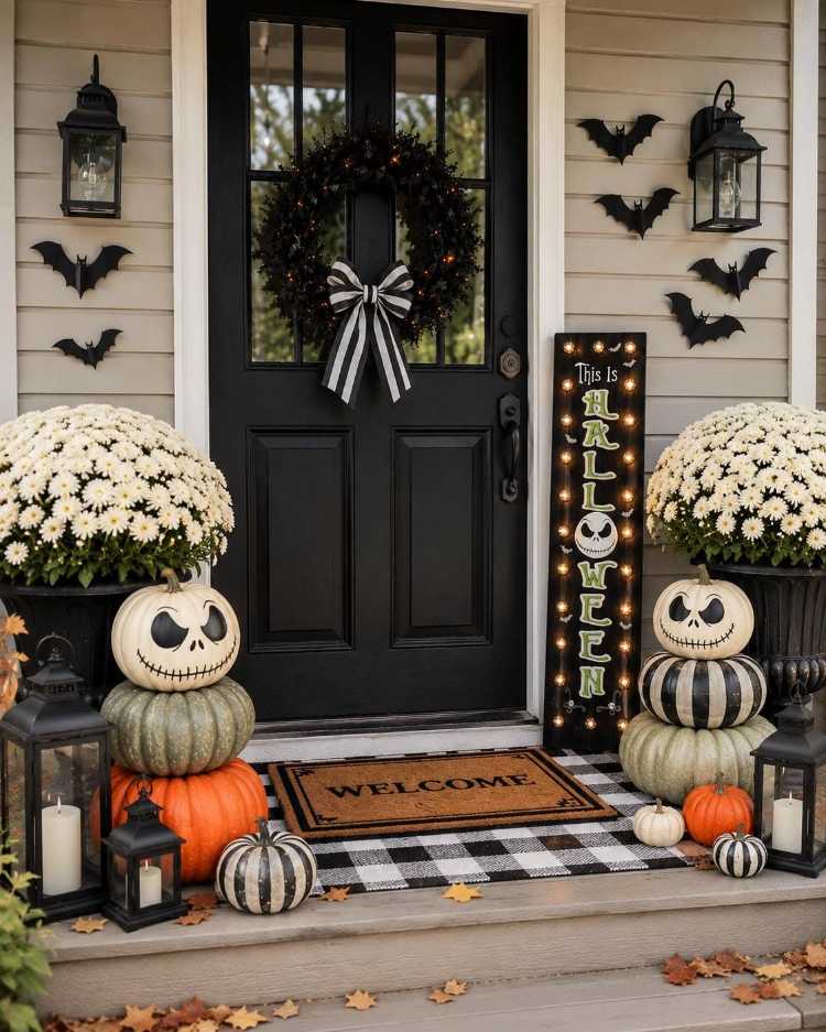 Jack Skellington Stacked Pumpkins Marquee Sign Porch