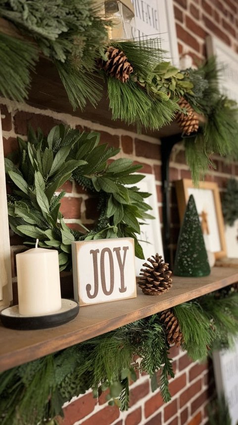 Brick shelf with a 'Joy' sign and pine garland in a rustic holiday display.