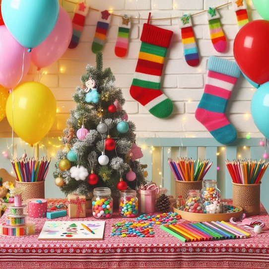 Playroom craft table with red chairs, balloon cluster, craft organizers, and bright natural lighting