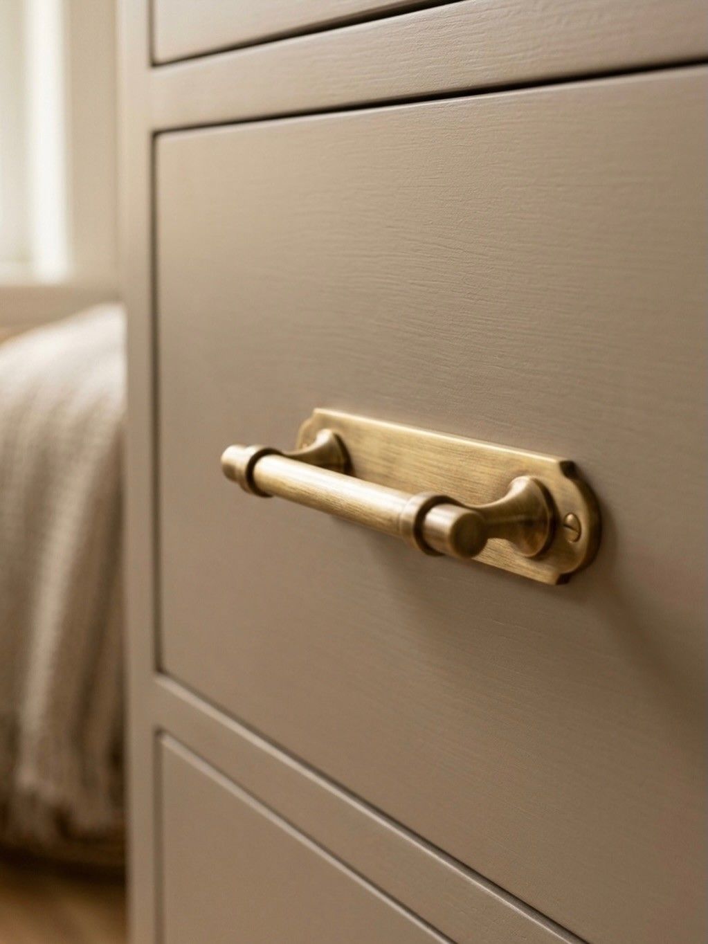 Sleek gray kitchen drawers with minimalist brass bar pulls in a contemporary home.