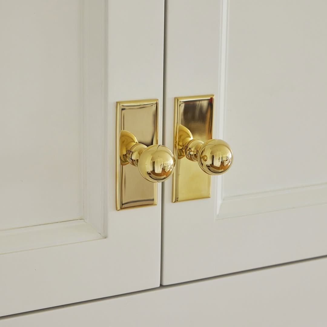 Classic white kitchen door with a brass knob and ornate backplate in a traditional home.