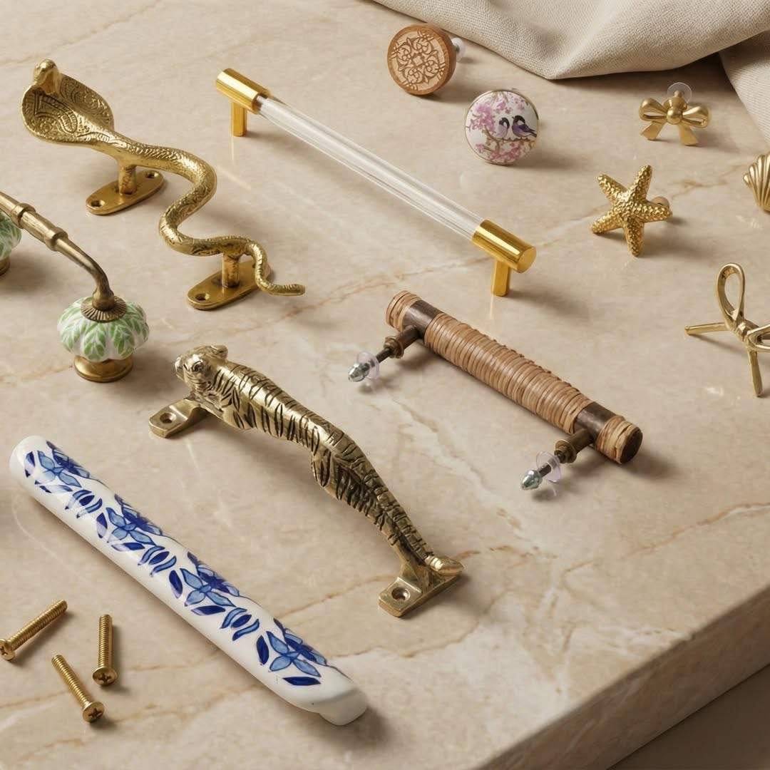 Collection of brass knobs displayed on a white marble countertop surface.