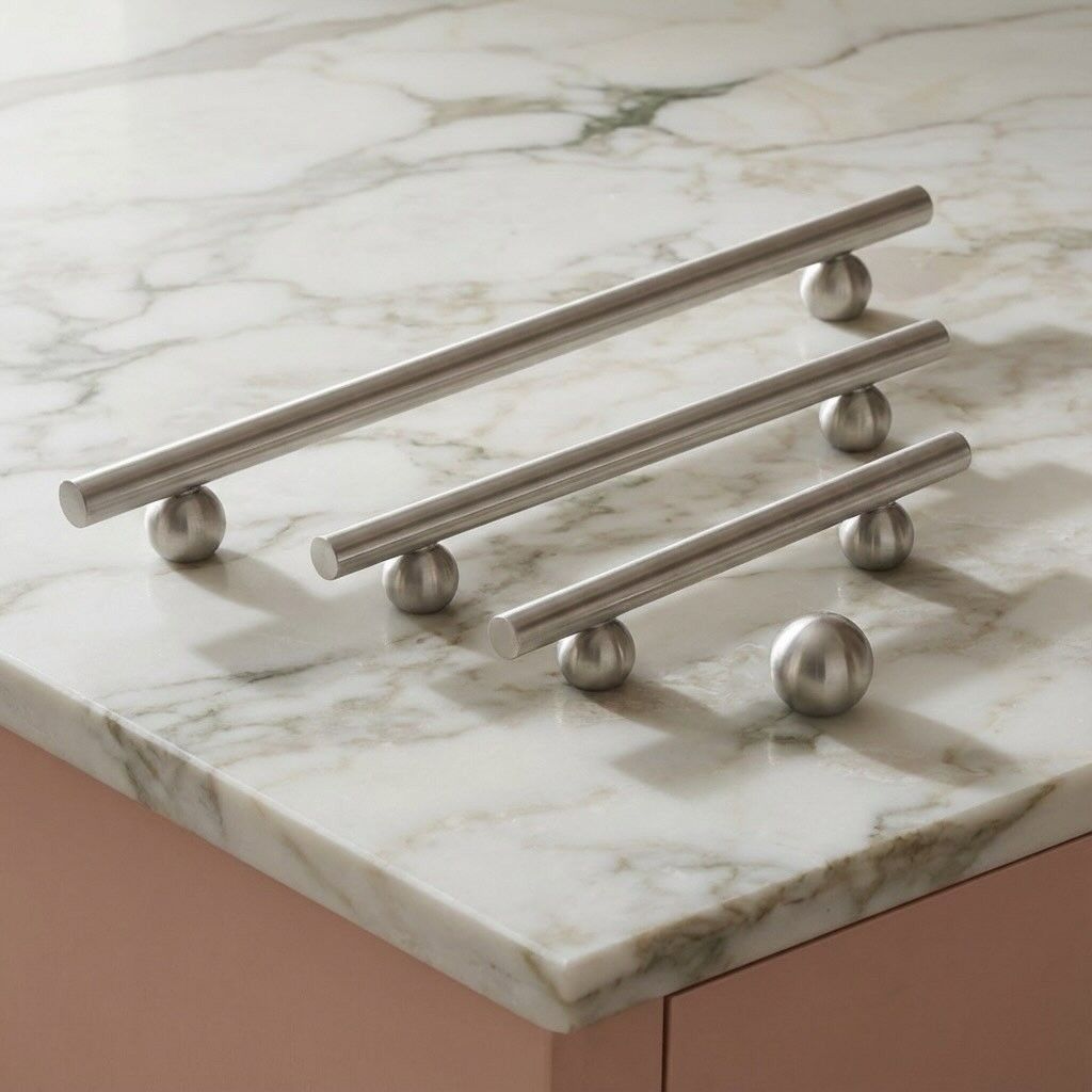 Close-up of brushed nickel bar pulls against a white marble kitchen backsplash.