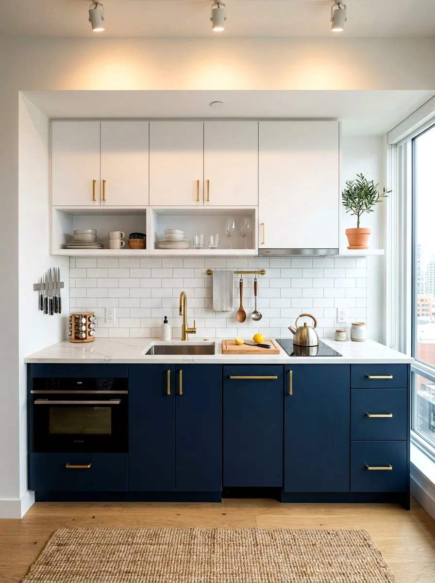 Minimalist kitchen featuring light oak flat-panel cabinets, white stone counters, and hidden appliances.