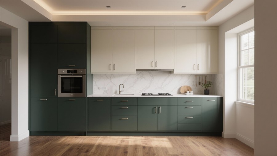 Kitchen cabinets with glass doors, internal lighting, and curated dishware on display shelves.