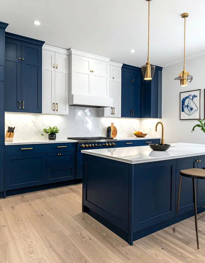 Industrial kitchen featuring matte black cabinets, concrete counters, and metallic pendant lights.