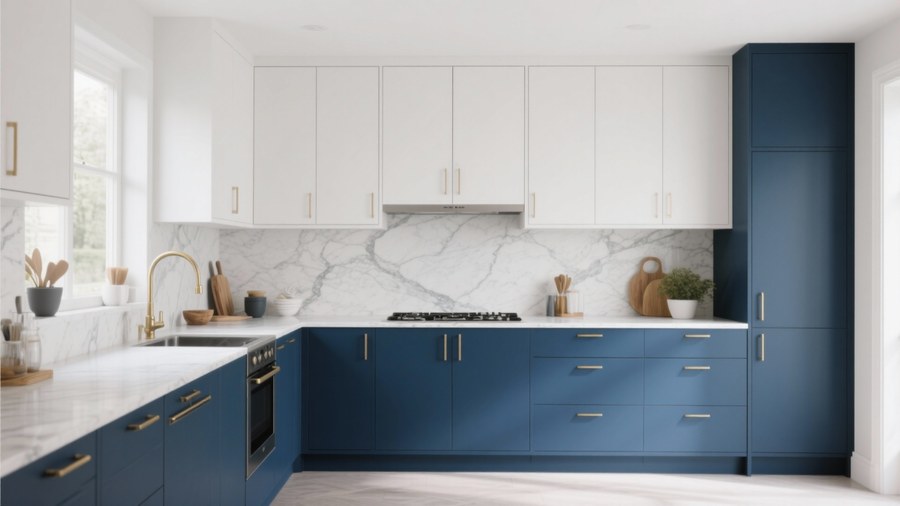 Contemporary kitchen with handleless white cabinets, waterfall island, and recessed lighting.