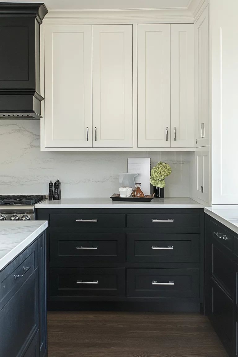 Kitchen with charcoal cabinets, marble backsplash, and gold hardware accents.