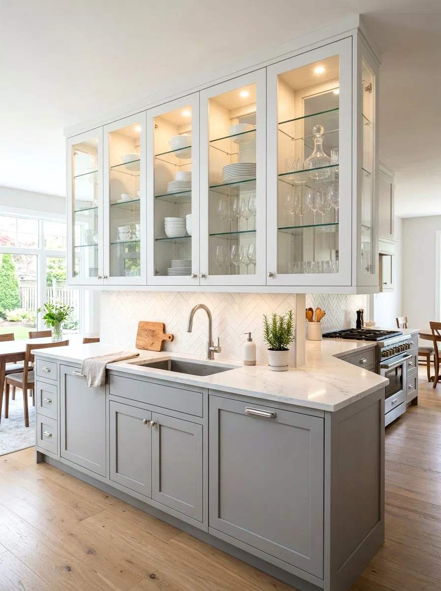Kitchen with lower cabinets and upper open wood shelving, minimalist aesthetic.