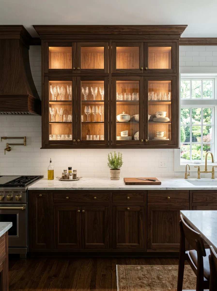 Kitchen featuring navy cabinets, gold hardware, white marble, and modern pendant lights.