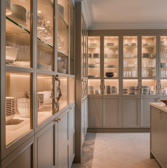 Kitchen with navy cabinets, white walls, and bright open shelving.