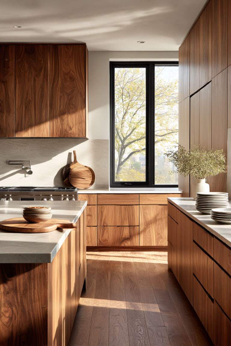 Soft blue kitchen cabinet ideas with white farmhouse sink and natural rattan accent lighting