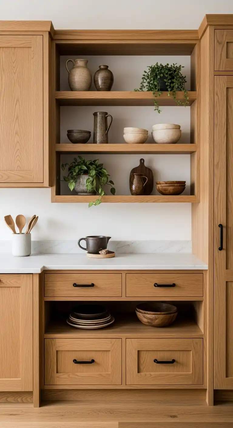 Mid-century walnut kitchen cabinet ideas with slab doors and integrated handle hardware