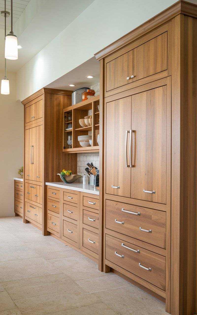 Earthy sage green kitchen cabinet ideas with butcher block countertops and copper accents