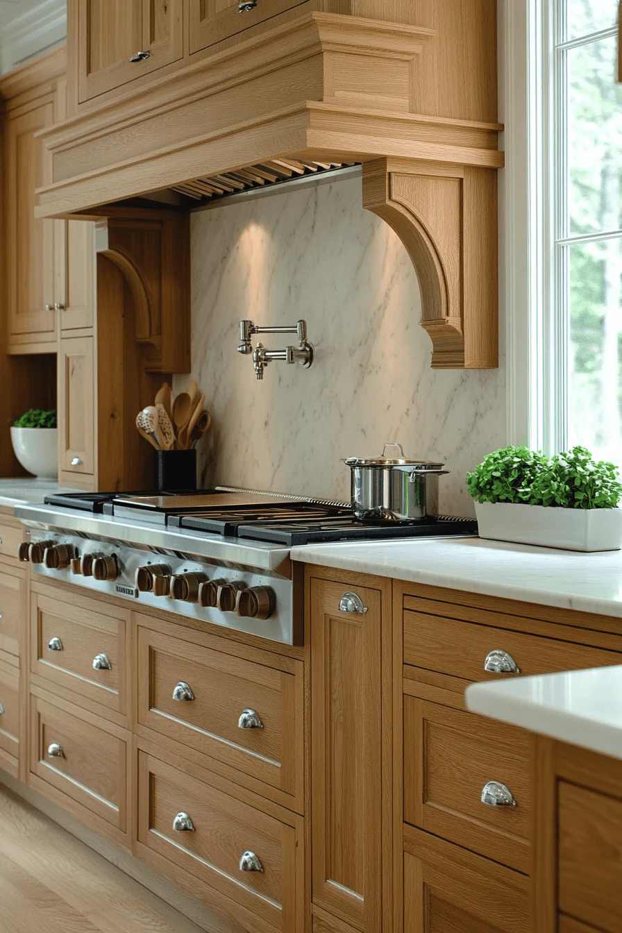 Two-toned kitchen cabinet ideas with charcoal lower cabinets and light oak upper cabinets
