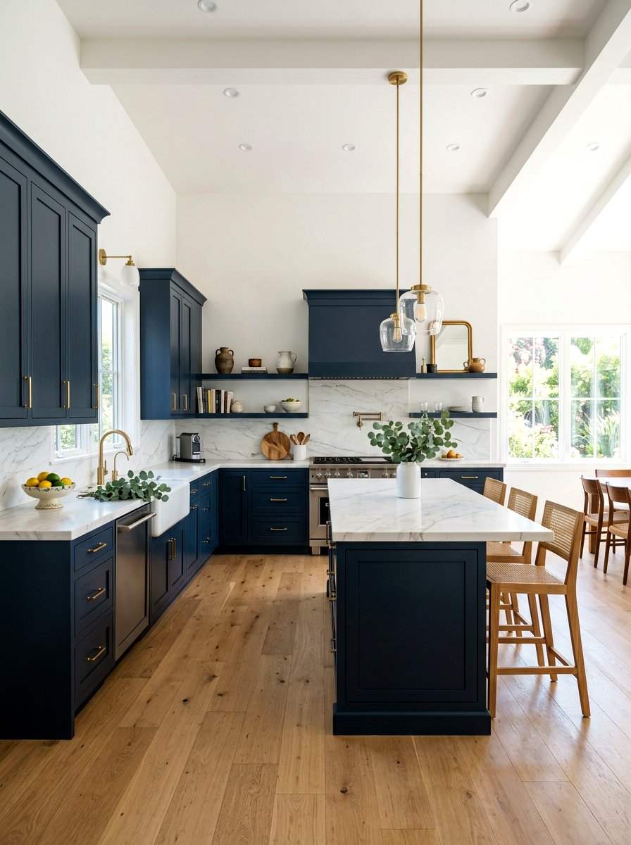 Bold teal kitchen cabinet ideas with gold hardware and geometric tile backsplash
