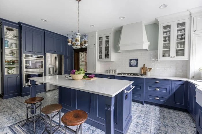Bright yellow kitchen cabinet ideas with white accents and wooden flooring