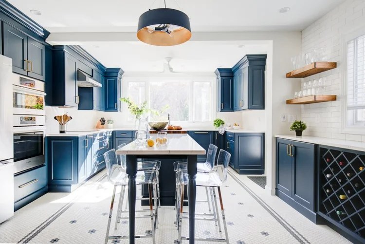 Light sky blue kitchen cabinet ideas with white subway tile and open wooden shelving