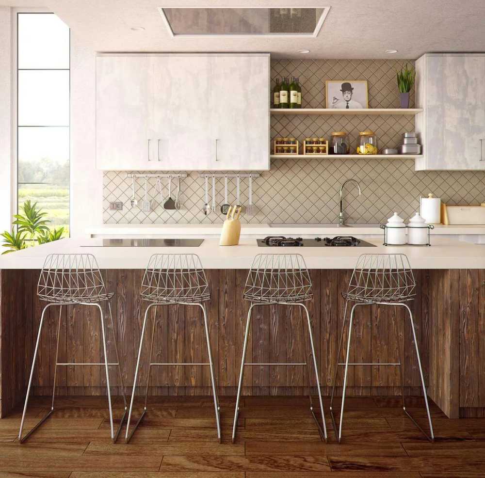 Eco-friendly kitchen featuring reclaimed wood countertops and recycled glass tile backsplashes.