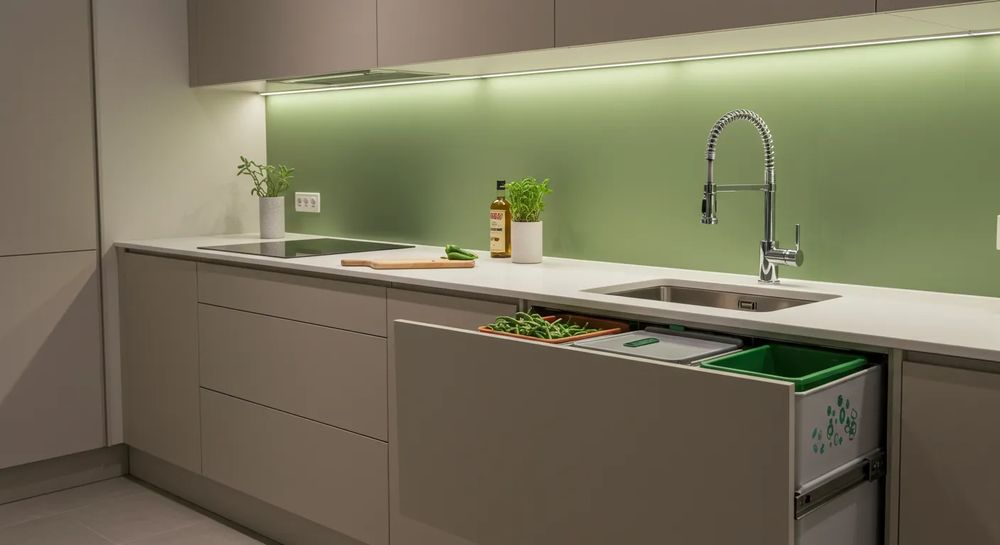 Modern kitchen with honey oak cabinets, white countertops, and bright natural light.