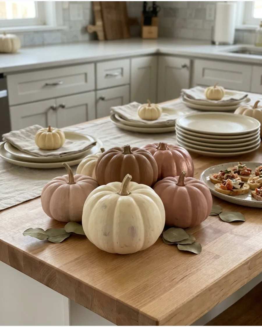 Kitchen island buffet with blush pumpkins and serving dishes