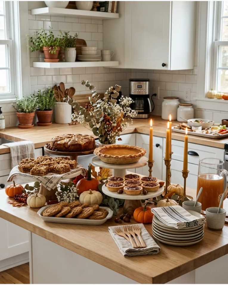 Kitchen island dessert buffet with pies and candles
