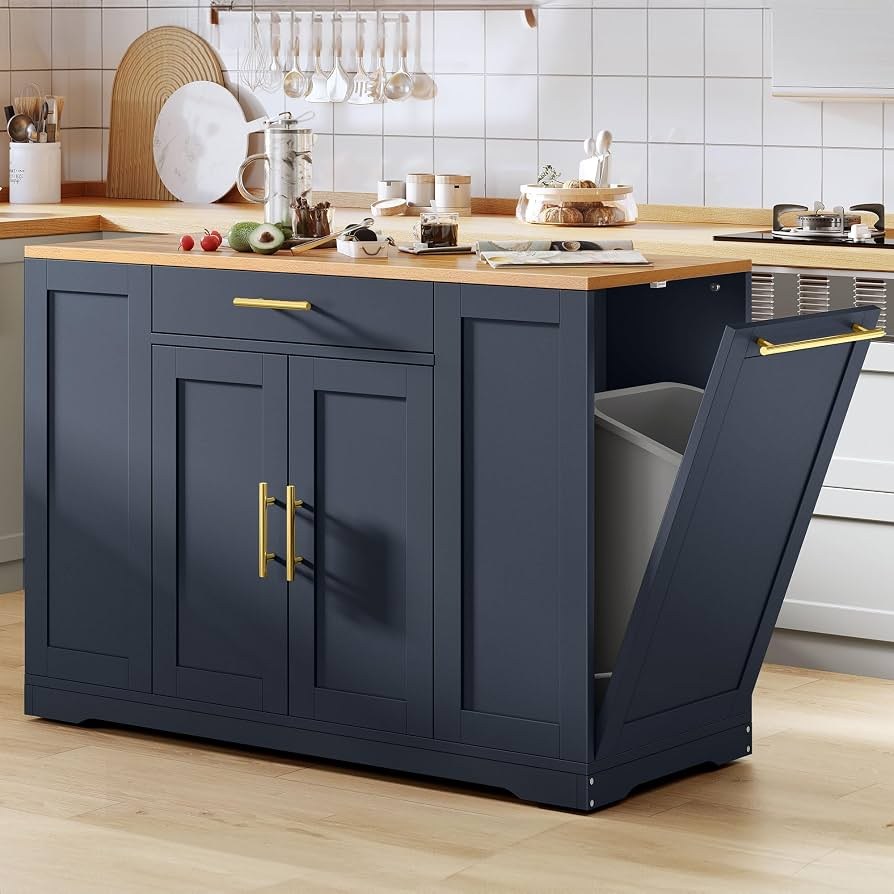 A kitchen island covered in vibrant patterned cement tiles with a rustic wood top.