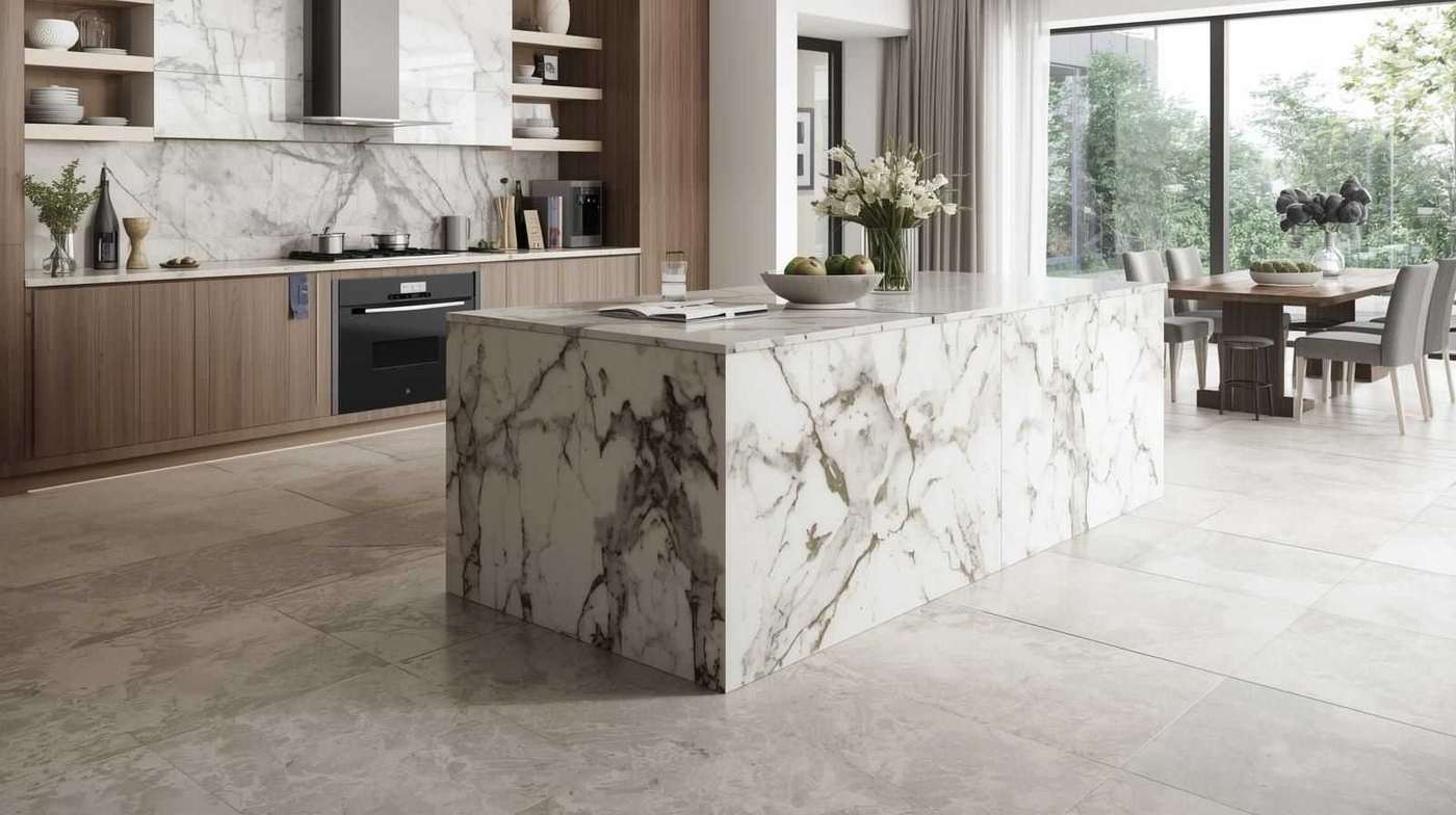 A light oak kitchen island with clean lines and soft grey stone surface.