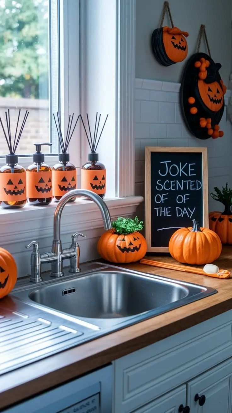 Kitchen sink window with pumpkin diffusers and a sign