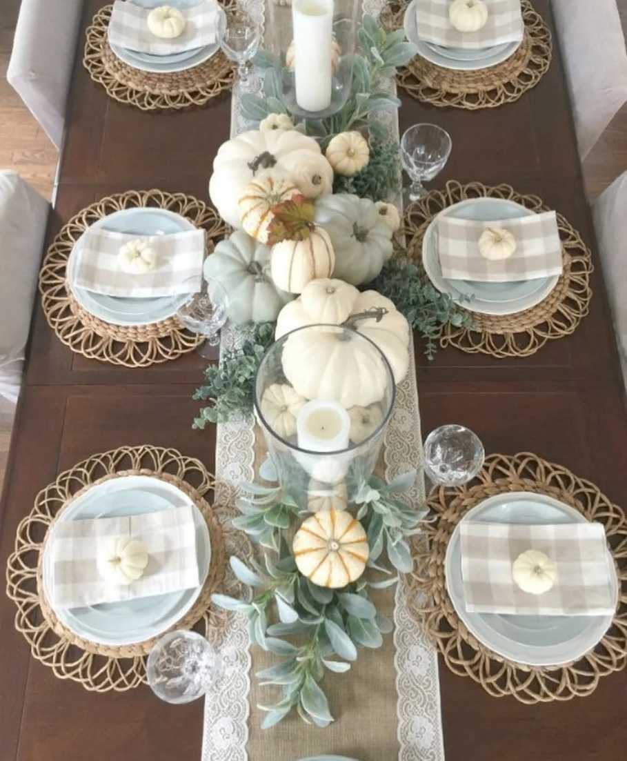 Vintage dining, ivory lace runner, lamb’s ear foliage, mini white pumpkins, soft pastel lighting