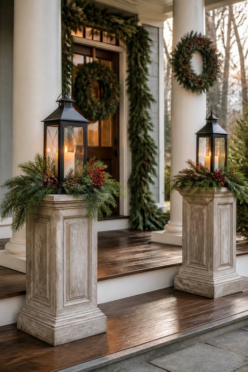 Front porch with lanterns on pedestals beside stone columns, soft white lighting