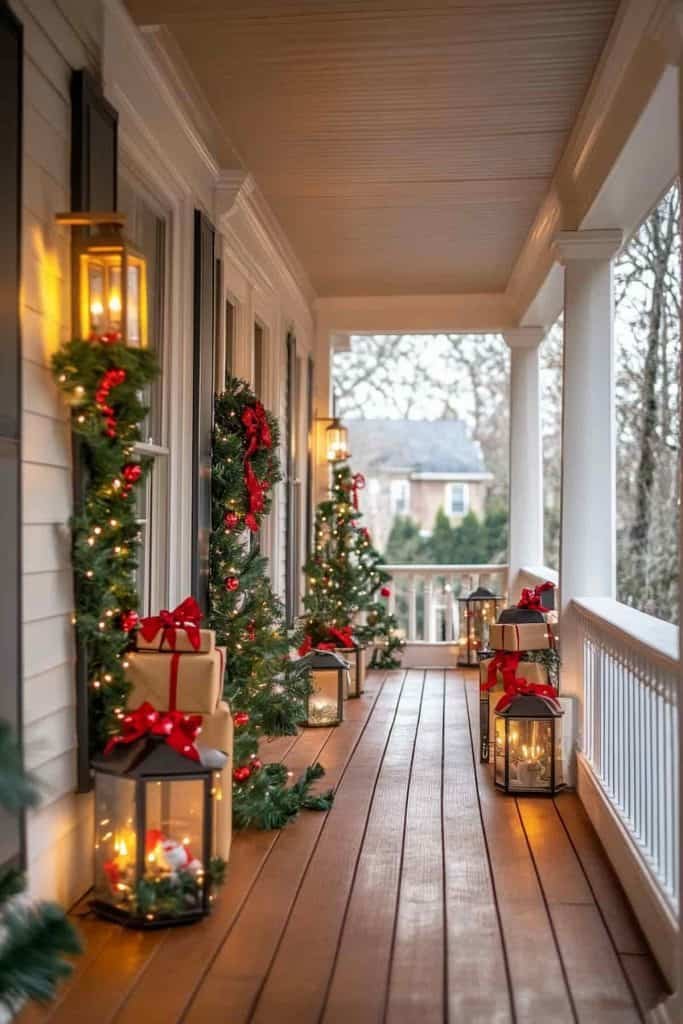 Front porch with lanterns, evergreen garland, stacked wrapped presents, warm lighting