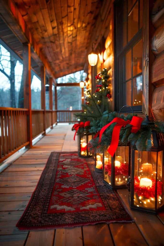 Front porch featuring clustered lanterns, red satin ribbon, wooden steps, warm glow