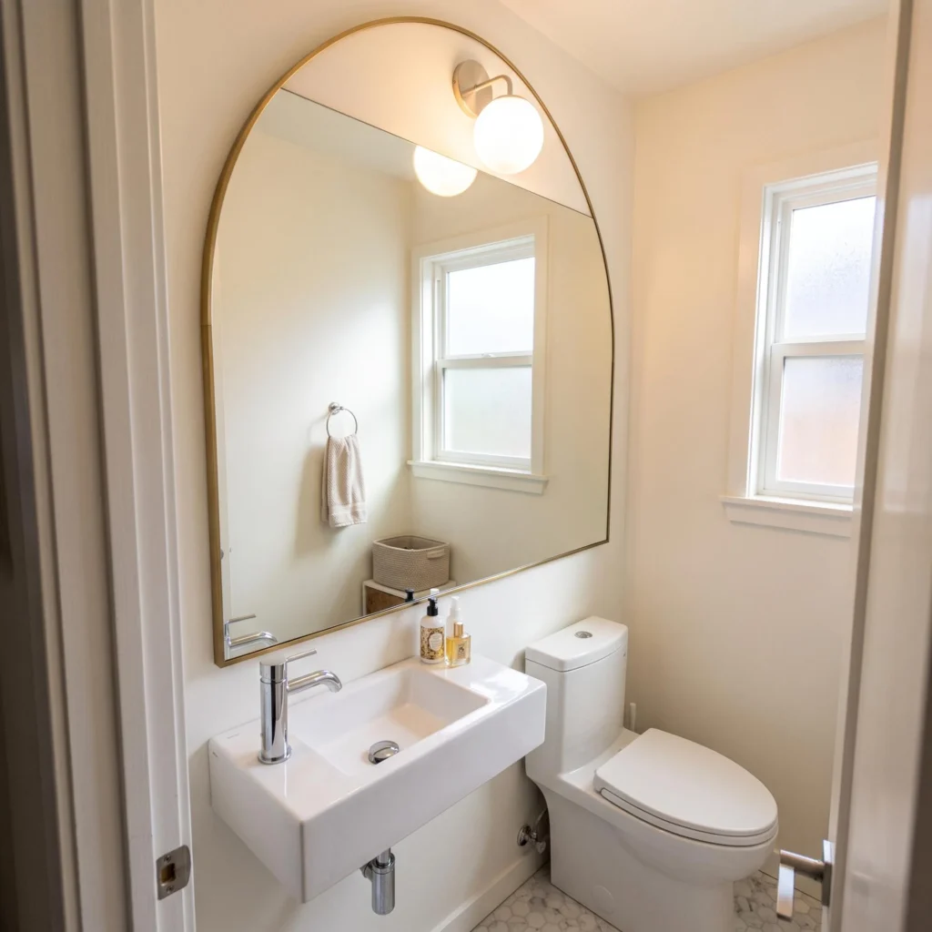 Half bathroom with large arched brass mirror, wall‑hung sink, sleek dark tiles.