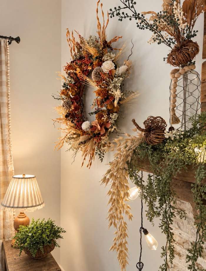 Living room mantel wall, oversized wreath with pinecones, burlap ribbon, amber LED strip, dark walnut mantel.