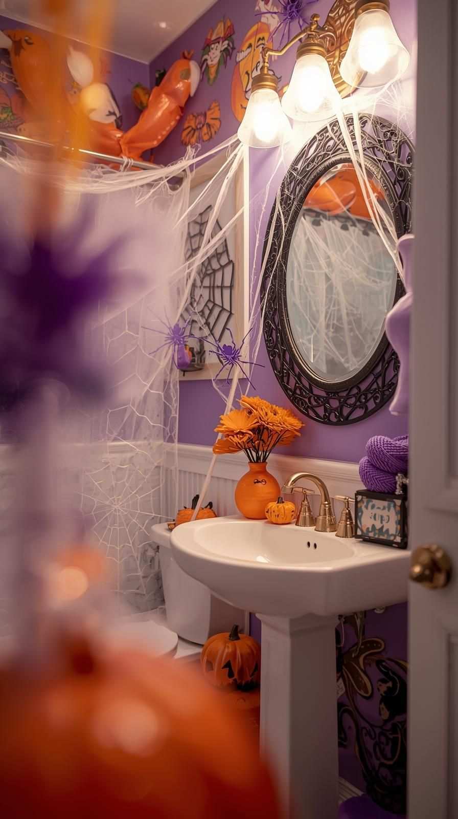 Lavender‑purple bathroom, heavy cobwebs, orange floral accents, brushed gold fixtures, soft warm lighting.