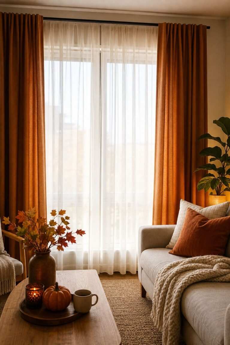 Sheer white curtains layered with heavy linen drapes in beige soft light