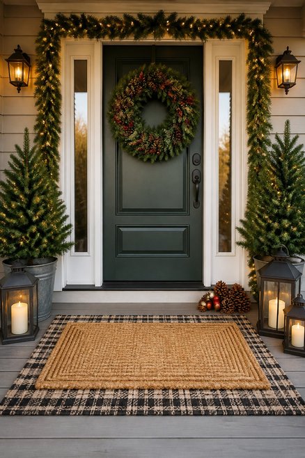 Front porch with layered doormat, woven textures, festive patterns, warm sunrise lighting
