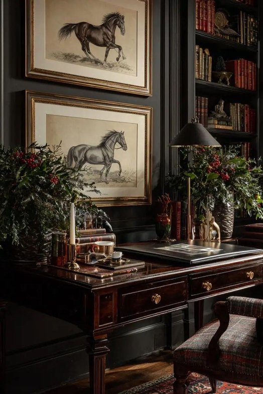 Study with leather armchair, mahogany desk, brass desk lamp, subtle green foliage, warm lighting.