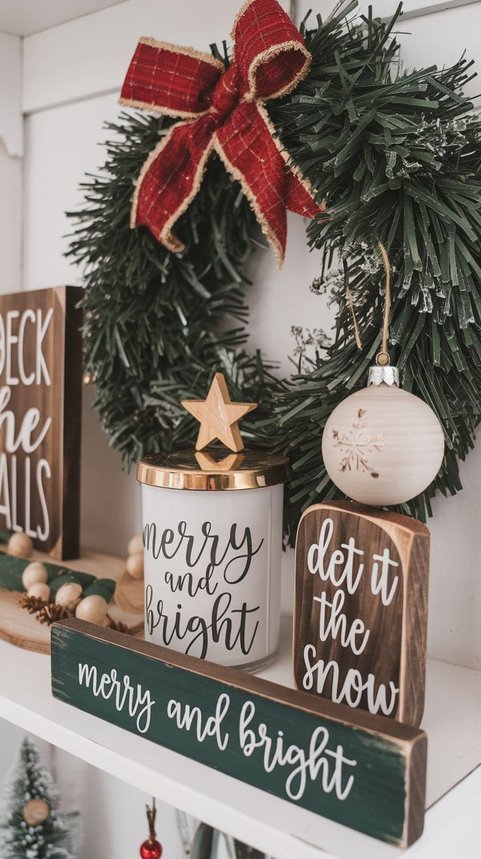 Shelf with 'Let It Snow' signs and a small wreath in a wintry theme.