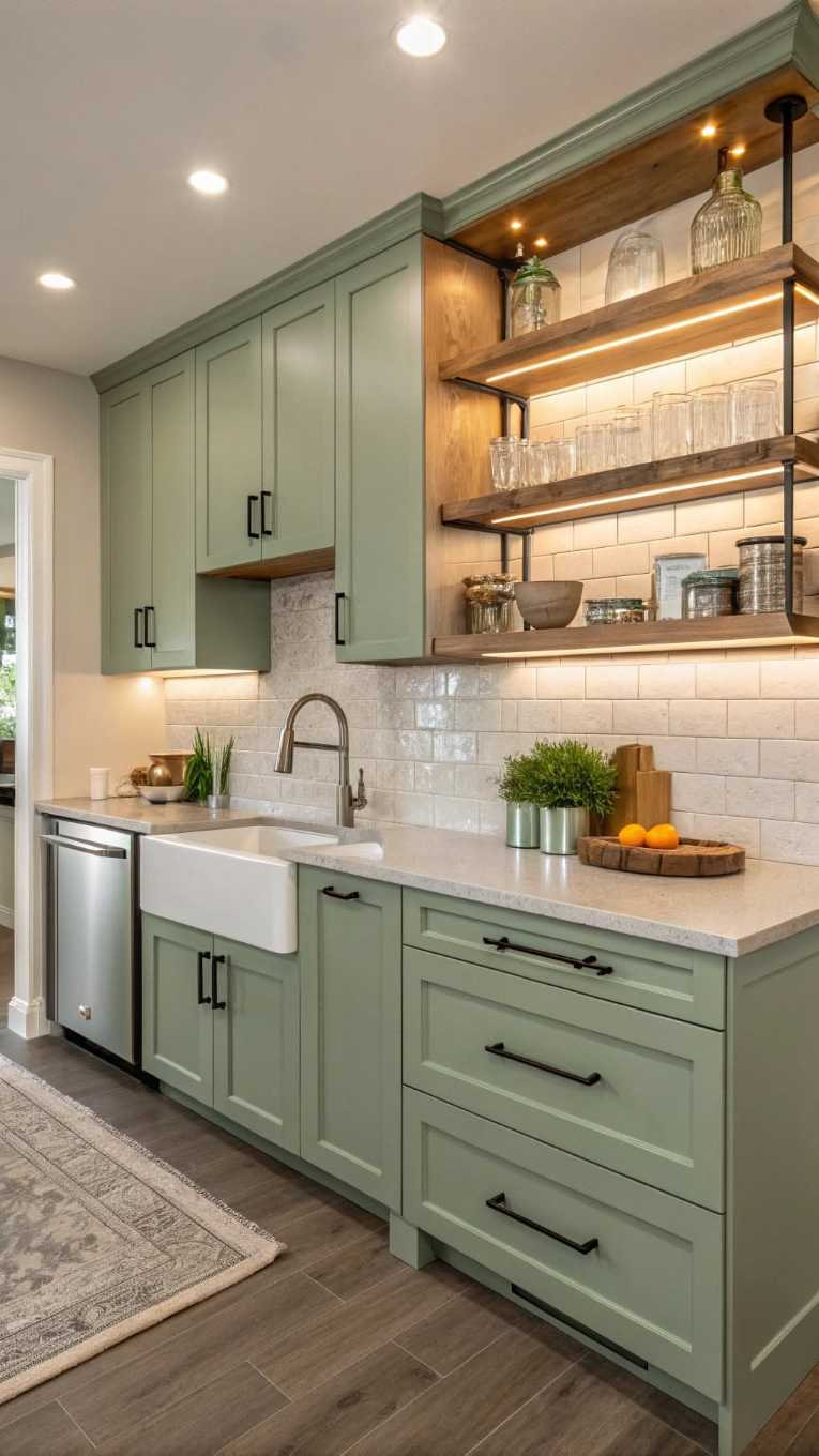 Light sage green cabinets, illuminated wood shelves, soft LED lighting, pastel accessories.