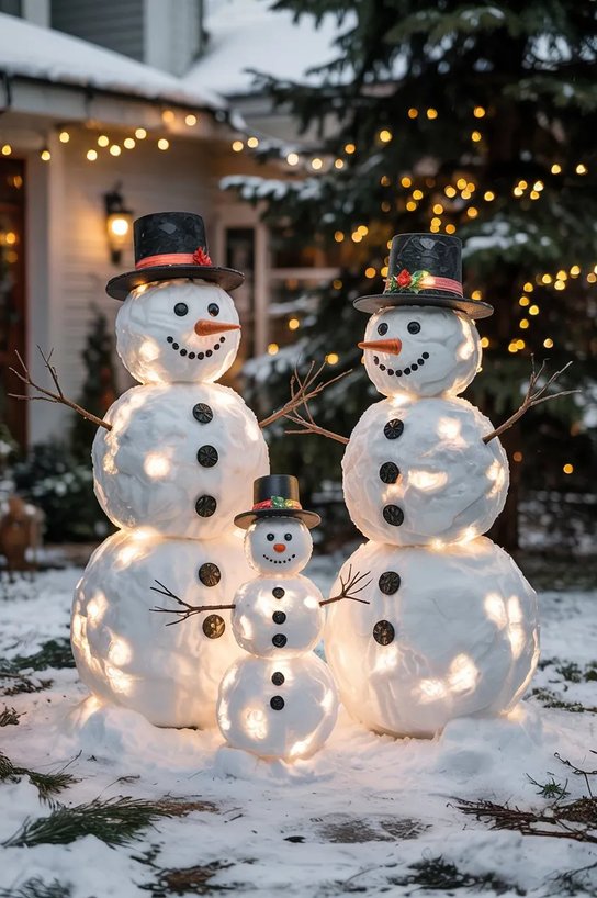 Front garden bed showcasing wireframe sisal snowman family glowing with warm ambient micro LED lights.